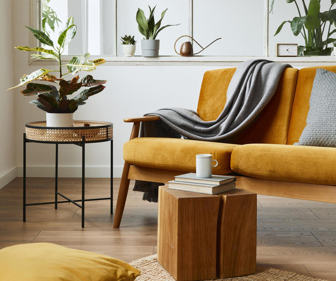 living room with dark gold sofa